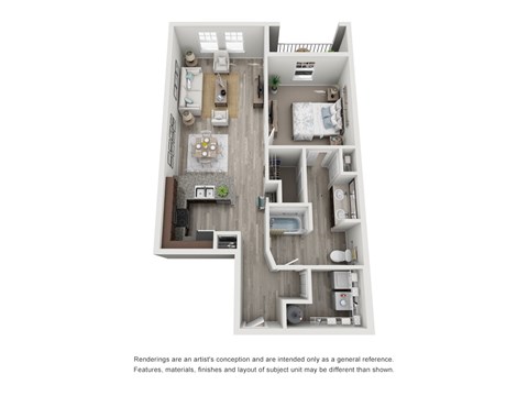 A floor plan of a two-bedroom apartment with a living room, kitchen, and bathroom.